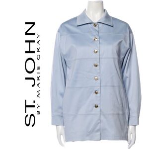 St John Vintage Oversize Lt Blue Barn Jacket Stretch Cotton Logo Button Sz Small